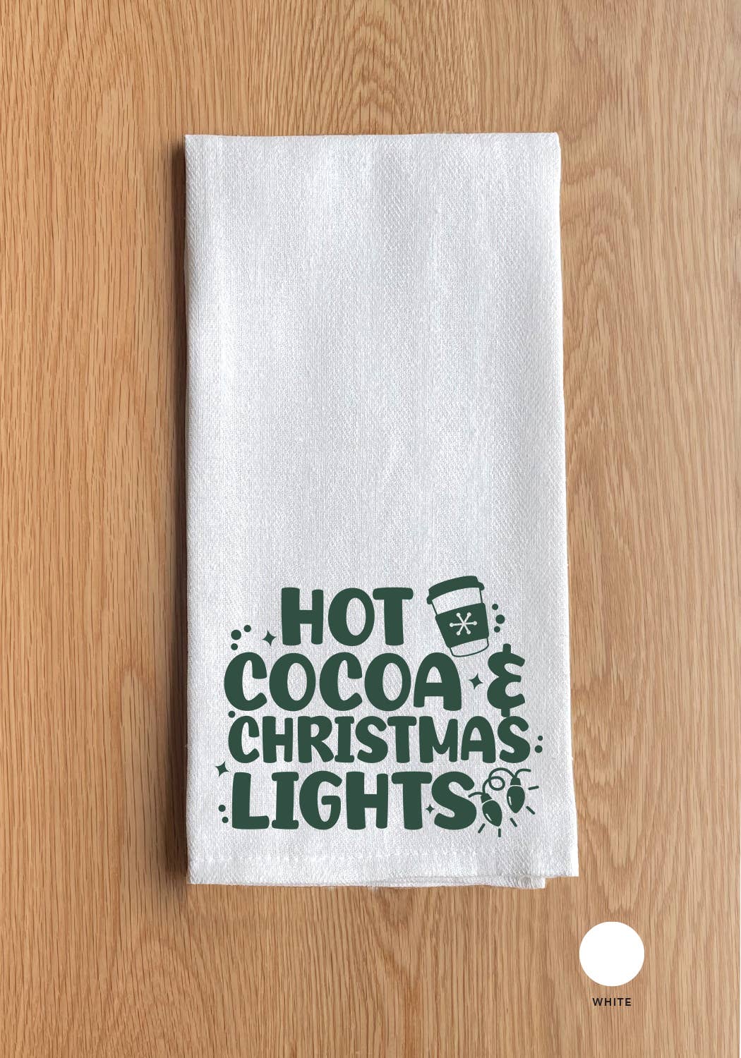 Hot Cocoa & Christmas Lights White Kitchen Towel