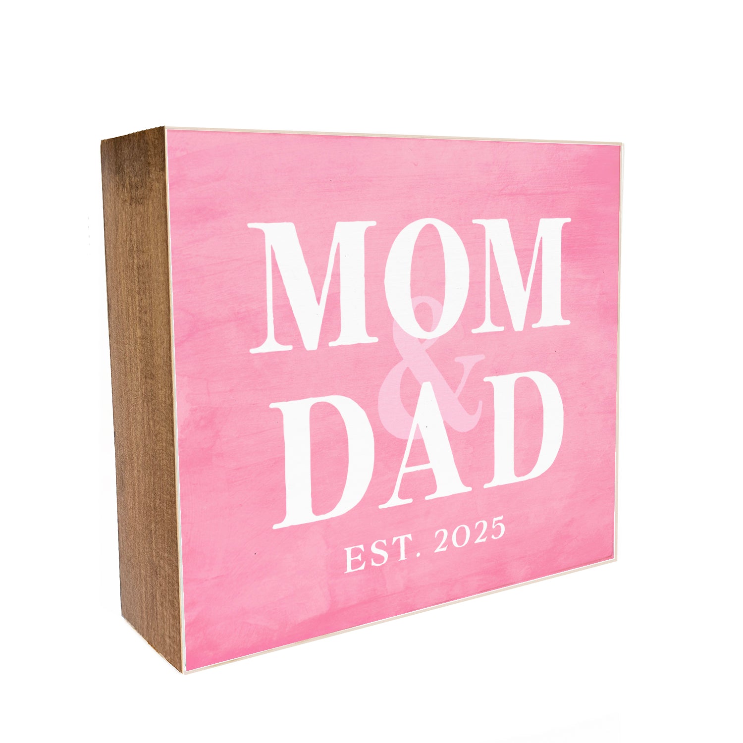 Mom & Dad Est. in Pink Watercolor Decorative Wooden Block
