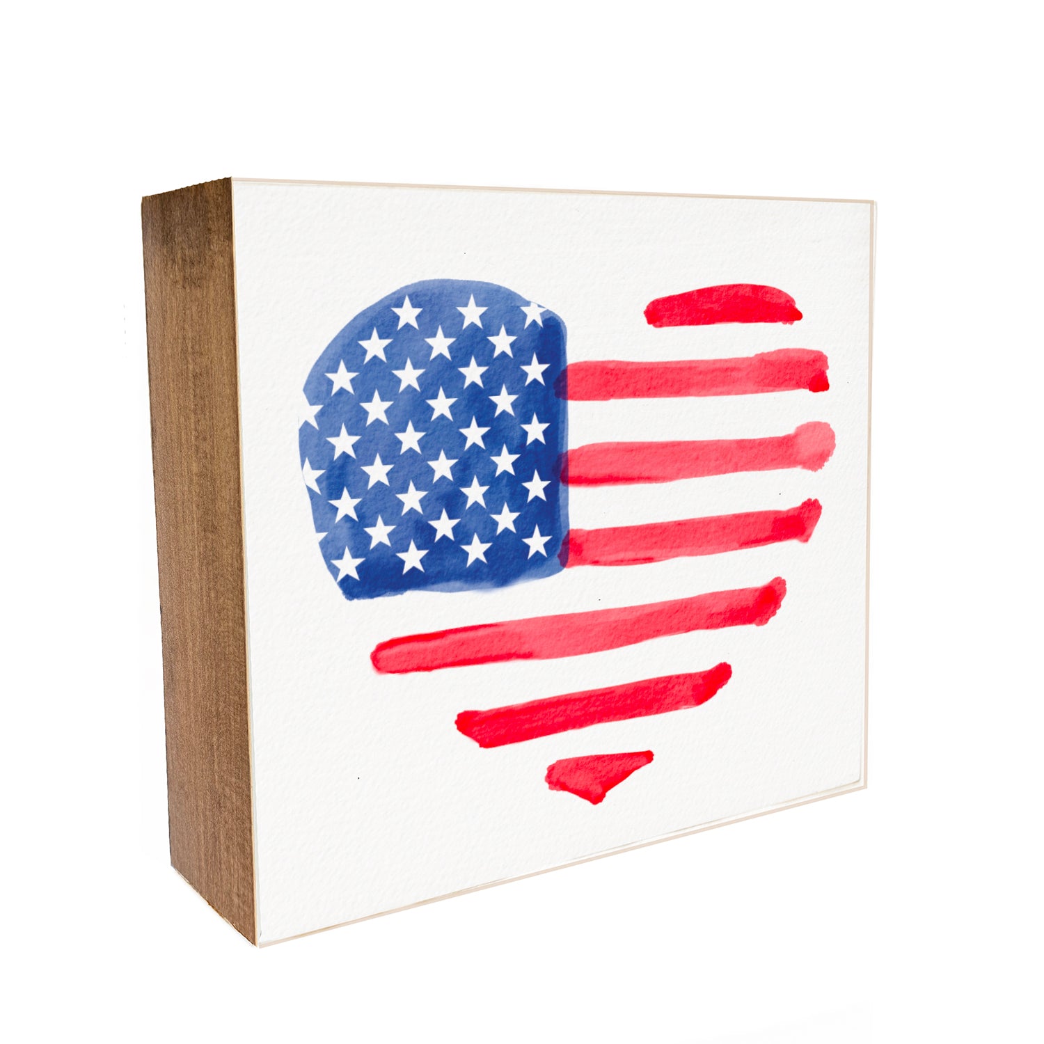 Watercolor Heart American Flag Decorative Wooden Block