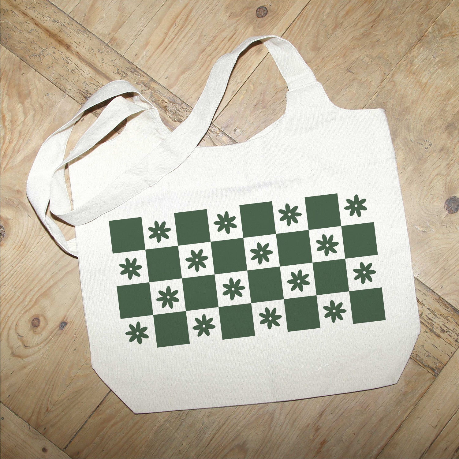 Green Flower Check MS Natural Tote Bag