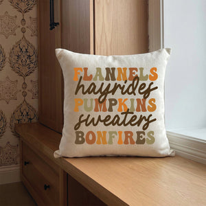 Flannels Hayrides Pumpkins Sweaters Bonfires Fall Pillow Cover