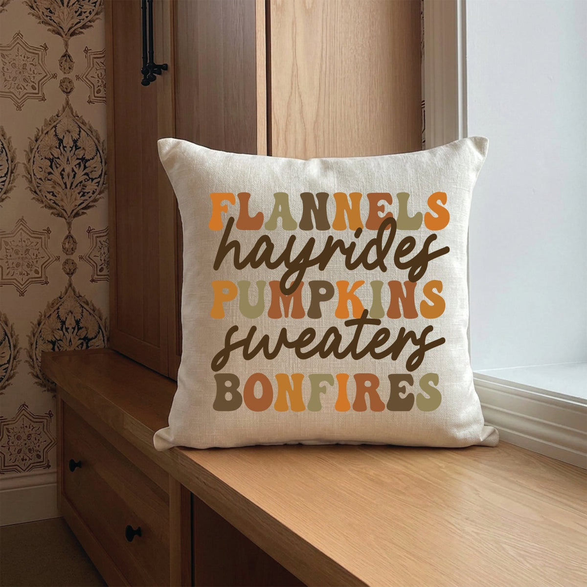 Flannels Hayrides Pumpkins Sweaters Bonfires Fall Pillow Shell
