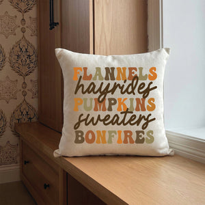 Flannels Hayrides Pumpkins Sweaters Bonfires Fall Pillow Shell