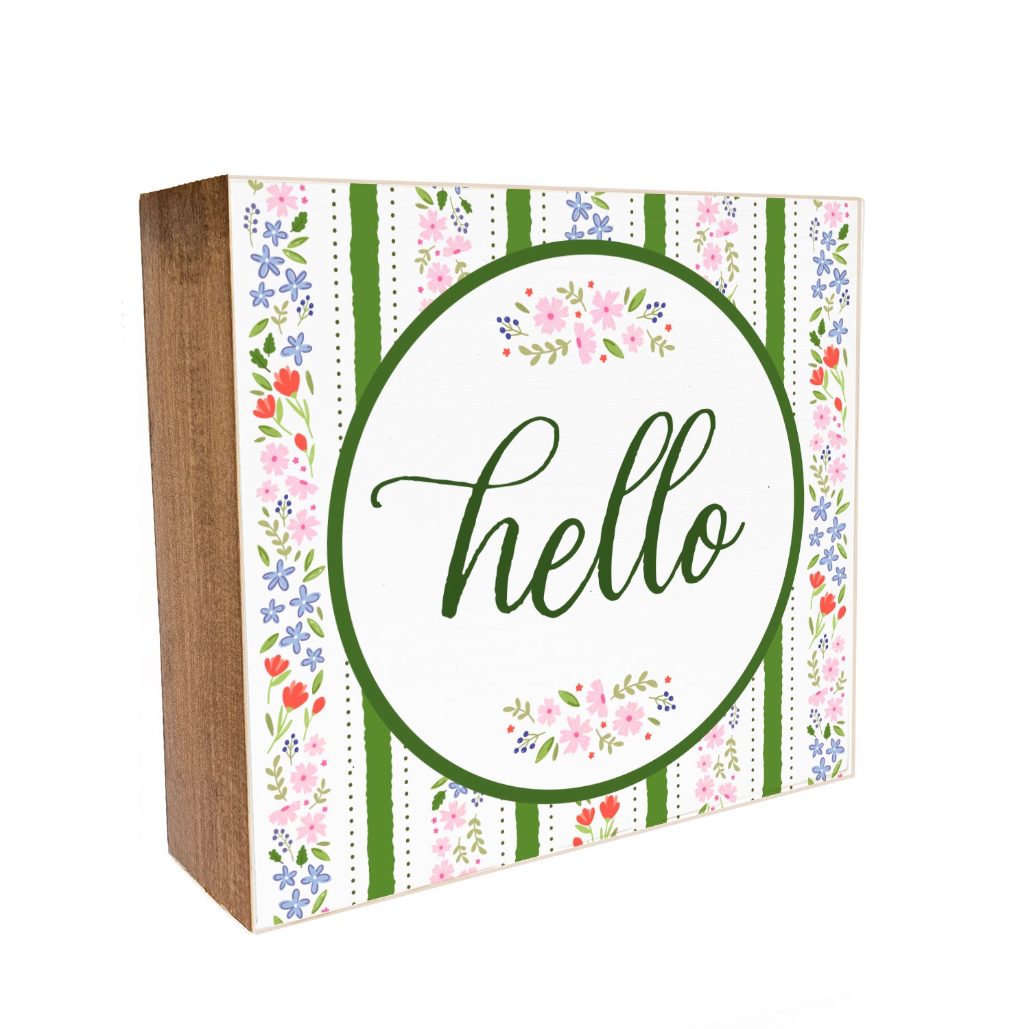 Hello Floral Decorative Wooden Block
