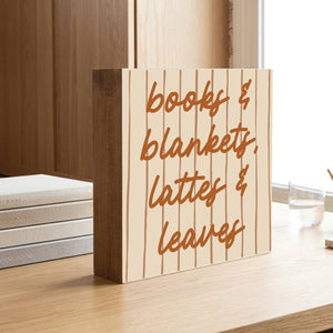Books and Blankets, Latte and Leaves Fall Decorative Wooden Block