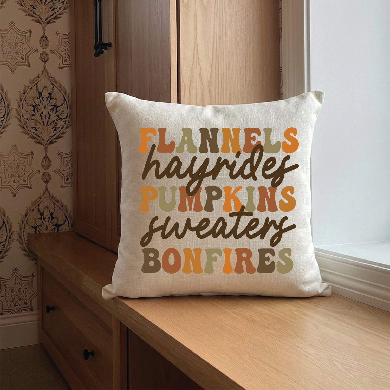 Flannels Hayrides Pumpkins Sweaters Bonfires Fall Pillow Cover