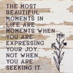 The most beautiful moments in life are when you are expressing your joy. Not when you are seeking it. / 10"X10" Reclaimed Wood Sign