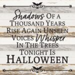 Shadows of a thousand years rise again, unseen voices whisper in the trees tonight is Halloween / 14x14 Reclaimed Wood Sign
