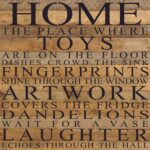 Home. The place where toys are on the floor dishes crowd the sink fingerprints shine through the window art work cover the fridge dandelions wait for a vase laughter echoes through the hall / 28"x28" Reclaimed Wood Sign