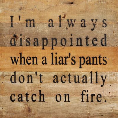 I'm always disappointed when a liar's pants don't actually catch on fire. / 10"x10" Reclaimed Wood Sign