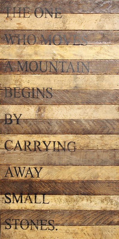The one who moves a mountain begins by carrying away small stones. / 12"x24" Reclaimed Wood Sign