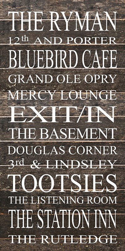 THE RYMAN, 12TH AND PORTER, BLUEBIRD CAFE, GRAND OLE OPRY, MERCY LOUNGE, EXIT/IN, THE BASEMENT, DOUGLAS CORNER, 3RD & LINDSLEY, TOOTSIES, THE LISTENING ROOM, THE STATION INN, THE RUTLEDGE / 12"x24" Reclaimed Wood Sign