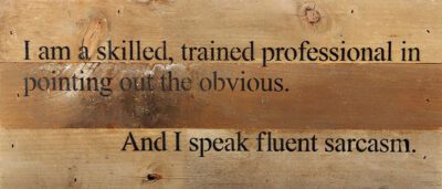 I am a skilled, trained professional in pointing out the obvious and I speak fluent sarcasm. / 14"x6" Reclaimed Wood Sign