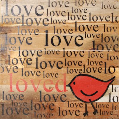 loved, love (bird graphic) / 14"x14" Reclaimed Wood Sign