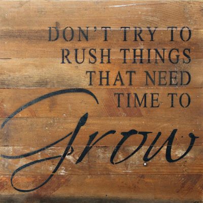 Don't try to rush things that need time to grow. / 14"x14" Reclaimed Wood Sign