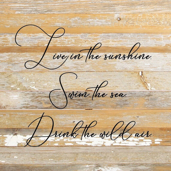 Live in the sunshine. Swim the sea. Drink the wild air. / 28"x28" Reclaimed Wood Sign