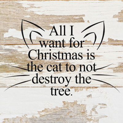 All I want for Christmas is the cat to not destroy the tree. (cat ears and whiskers) / 6"x6" Reclaimed Wood Sign
