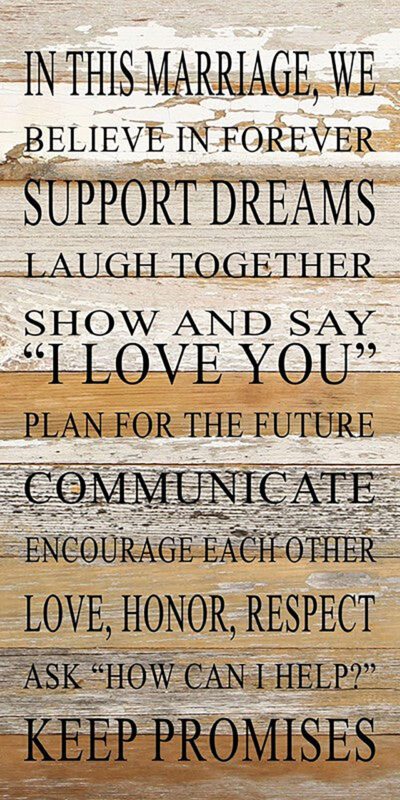 In this marriage, we believe in forever, support dreams, laugh together, show and say "I love you", plan for the future, communicate, encourage each other, love, honor, respect, ask "How can I help?" and keep promises. / 12"x24" Reclaimed Wood Sign