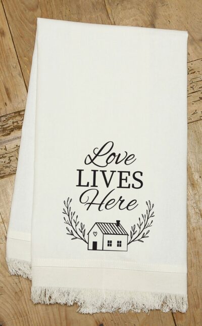 Love Lives Here with House Icon / (MS Natural) Kitchen Tea Towel