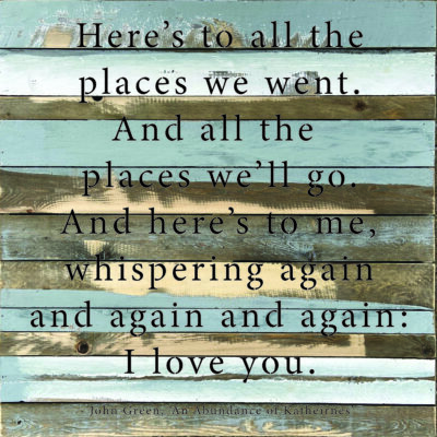 Here's to all the places we went. And all the places we'll go. And here's to me, whispering again and again and again: I love you. - John Green 28x28 Blue Whisper Reclaimed Wood Wall Décor